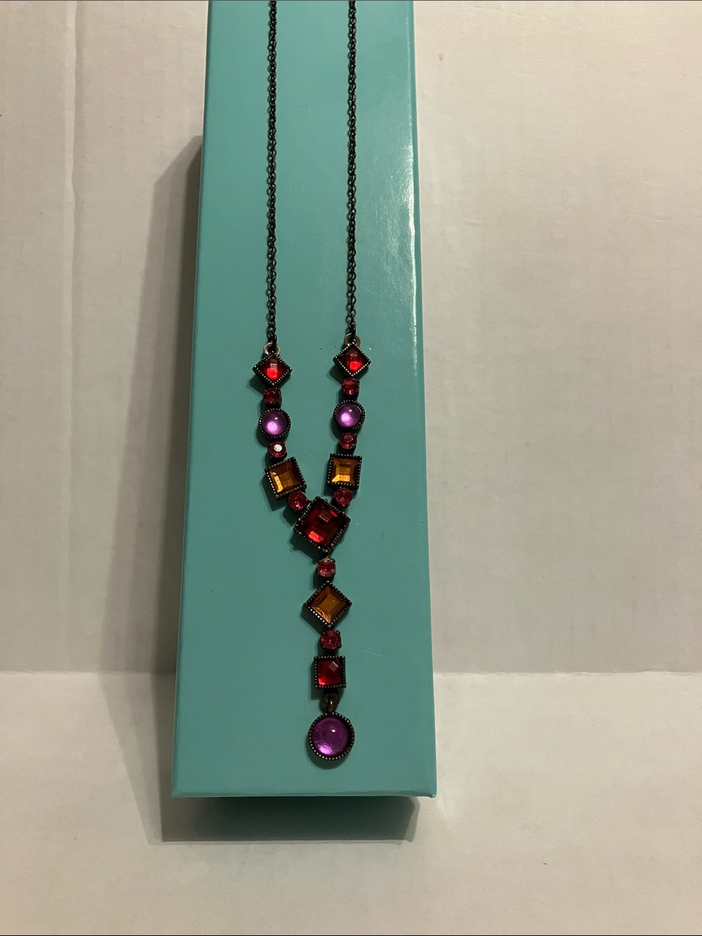 Avon Multicolor Red, Purple & Amber Crystal Pendant Necklace